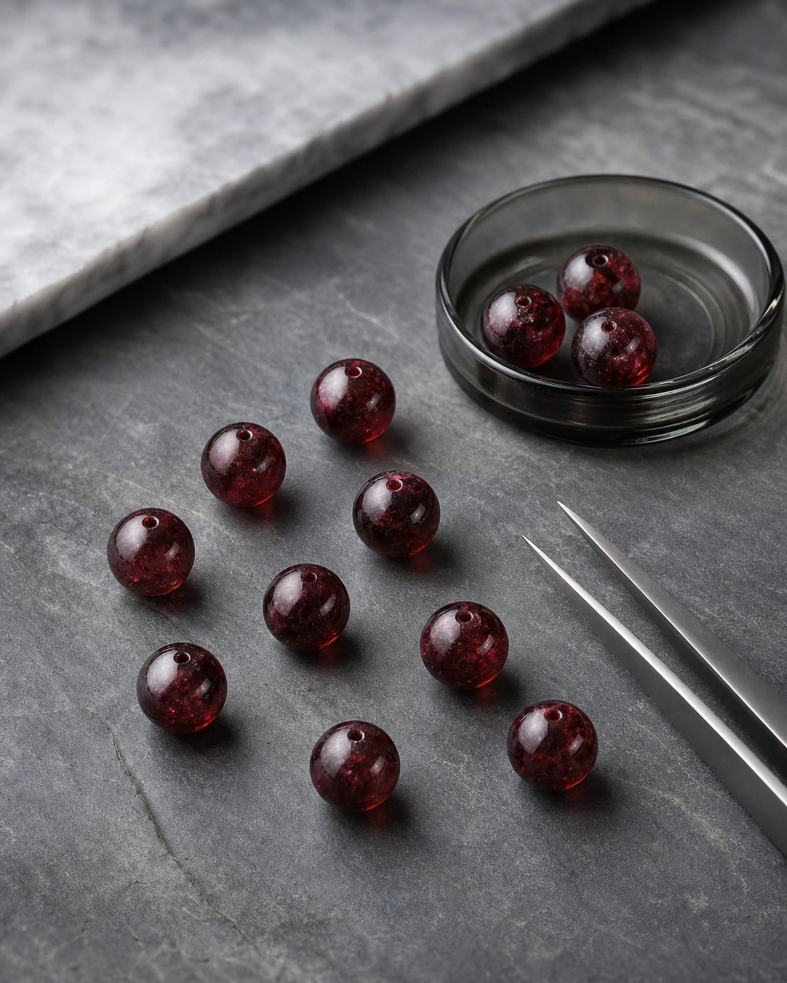Deep red garnet colour story presented as loose natural beads