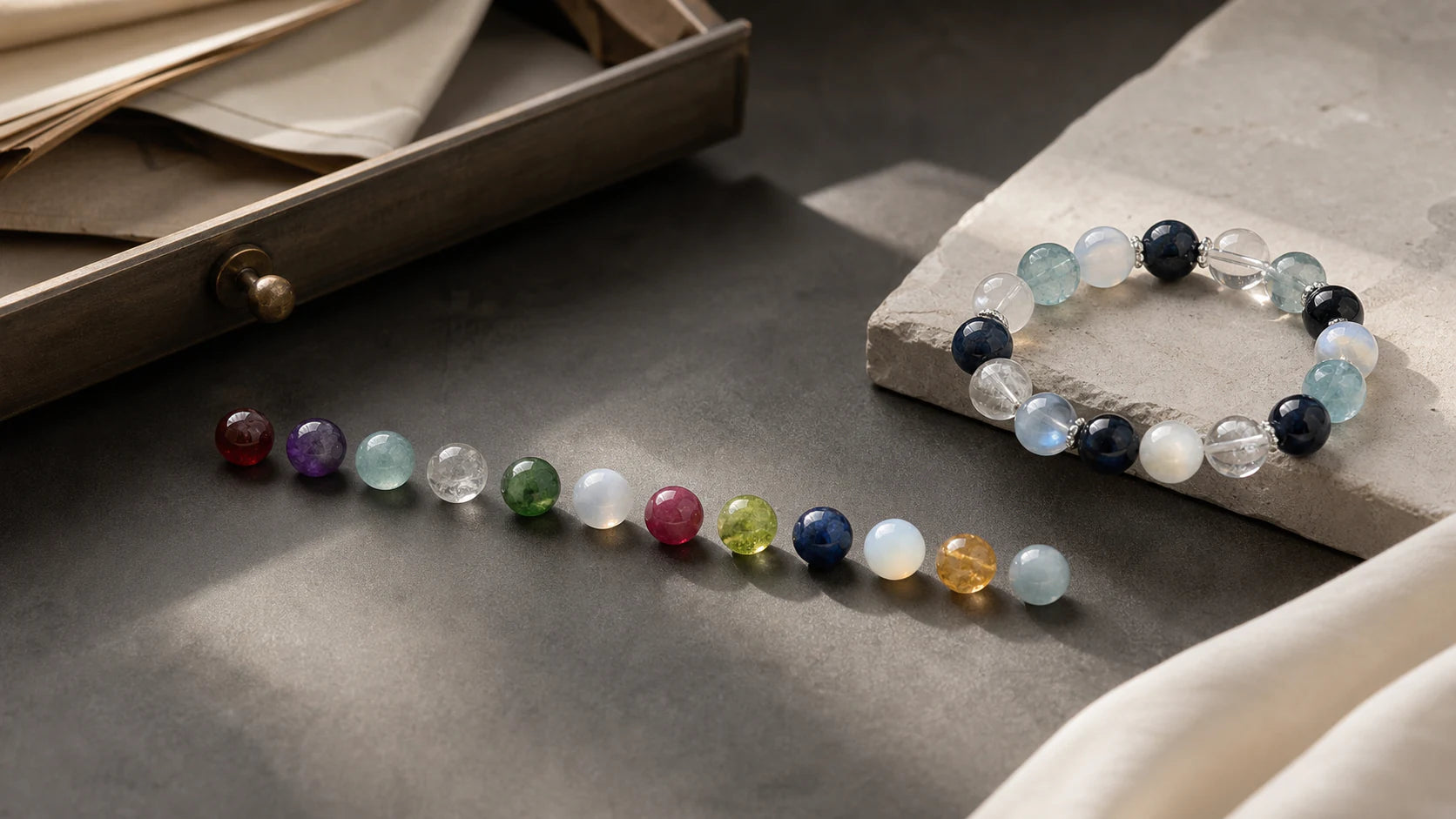 Aucelia crystal materials and bracelet on a dark editorial worktable
