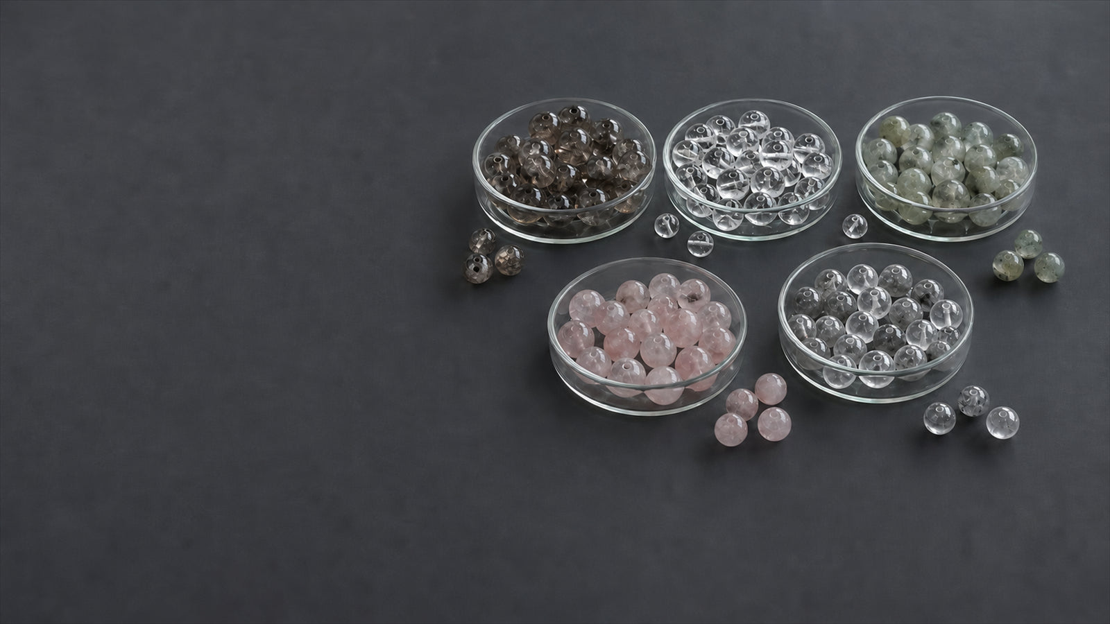 Natural crystal beads and bracelet materials selected in the Aucelia studio