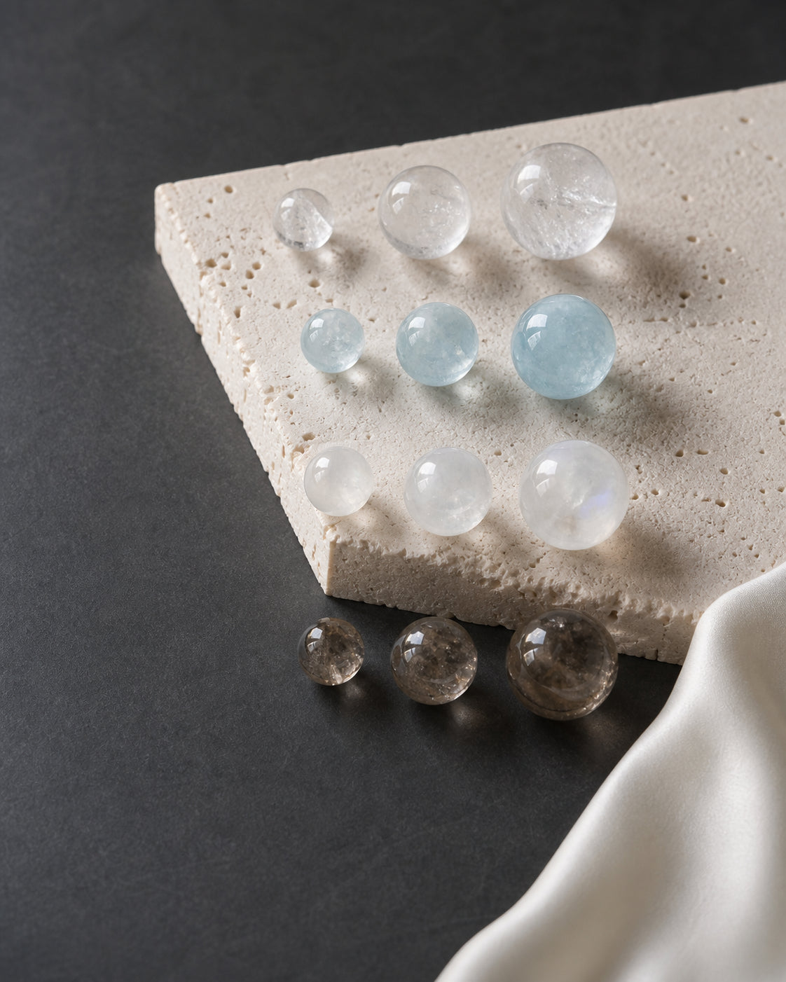 Natural crystal beads arranged to compare size and proportion