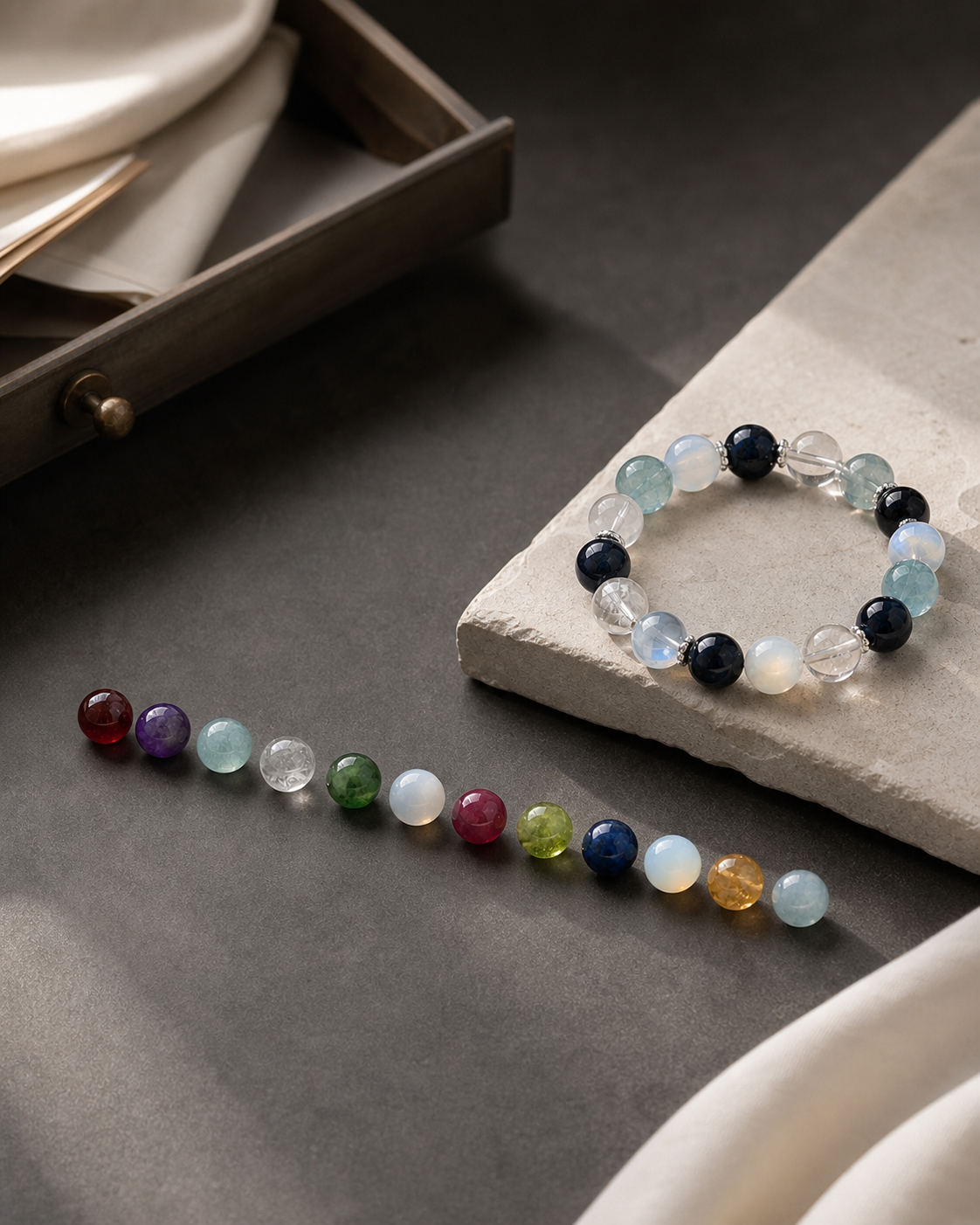 Aucelia crystal materials and bracelet on a dark editorial worktable