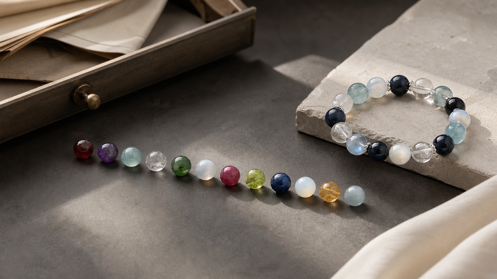 Aucelia crystal materials and bracelet on a dark editorial worktable